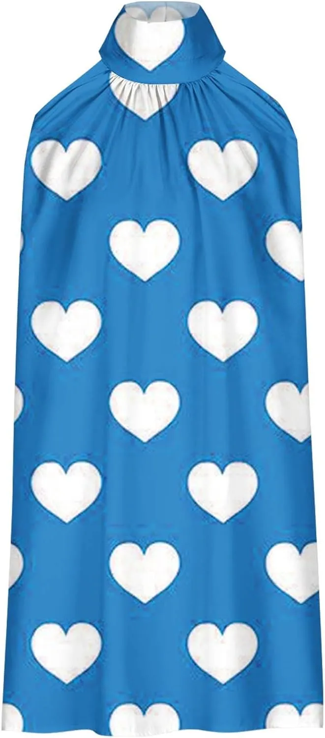 Sinzelimin Women Summer Beach Dress Fashion Heart Printed Sleeveless Irregular Hem Casual Sundress Turtleneck Mini Tank Dress