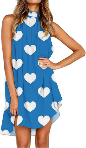 Sinzelimin Women Summer Beach Dress Fashion Heart Printed Sleeveless Irregular Hem Casual Sundress Turtleneck Mini Tank Dress