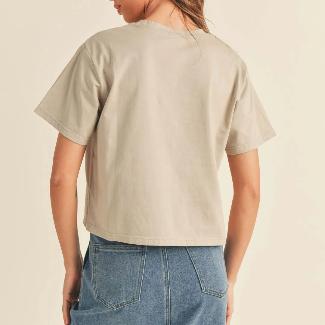 Smile Embroidered Detail Basic Top (Taupe)