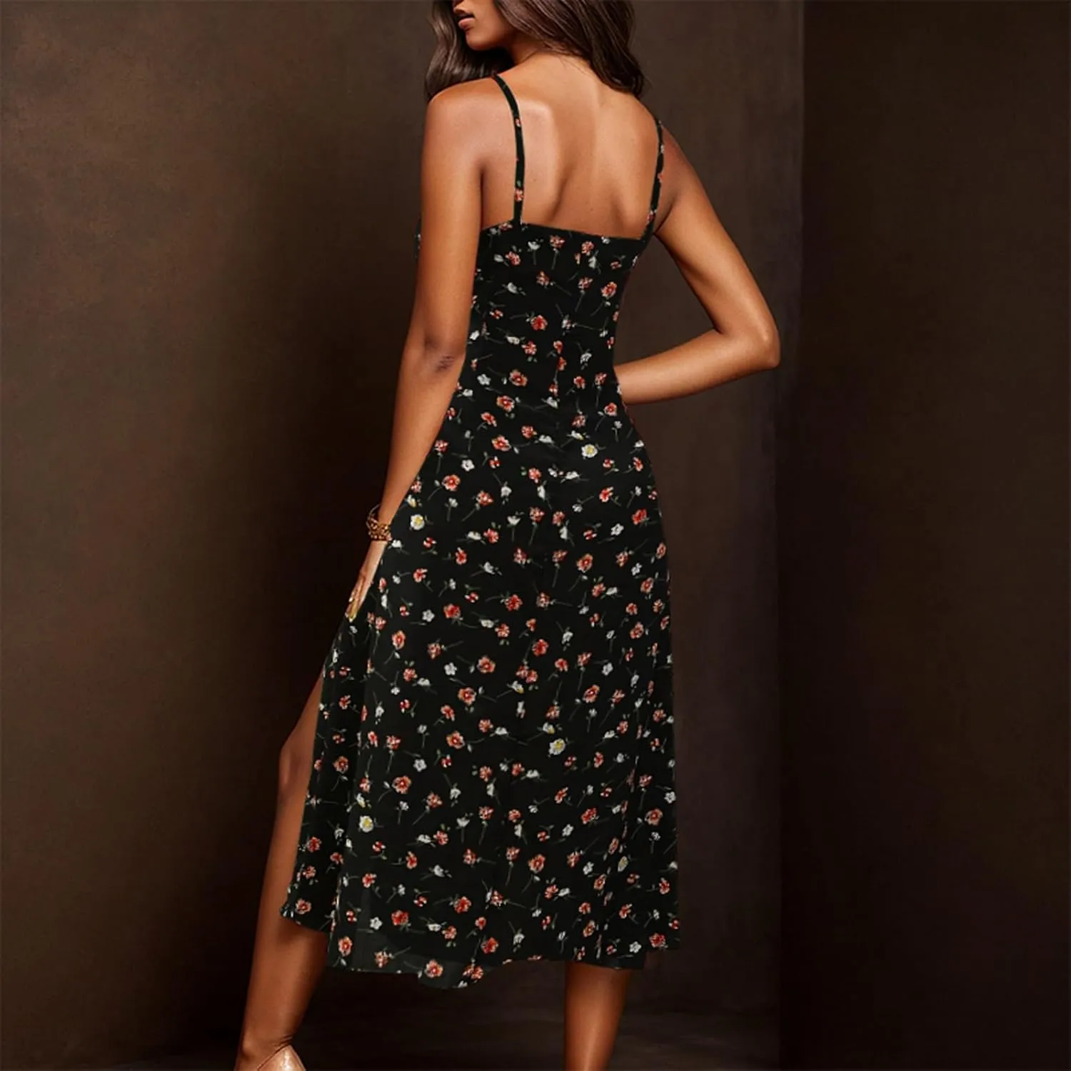 Spaghetti Strap Dresses for Women 2025 Polka Dot Midi Frock Sleeveless Slit Summer Sundress Beach Vacation Dress