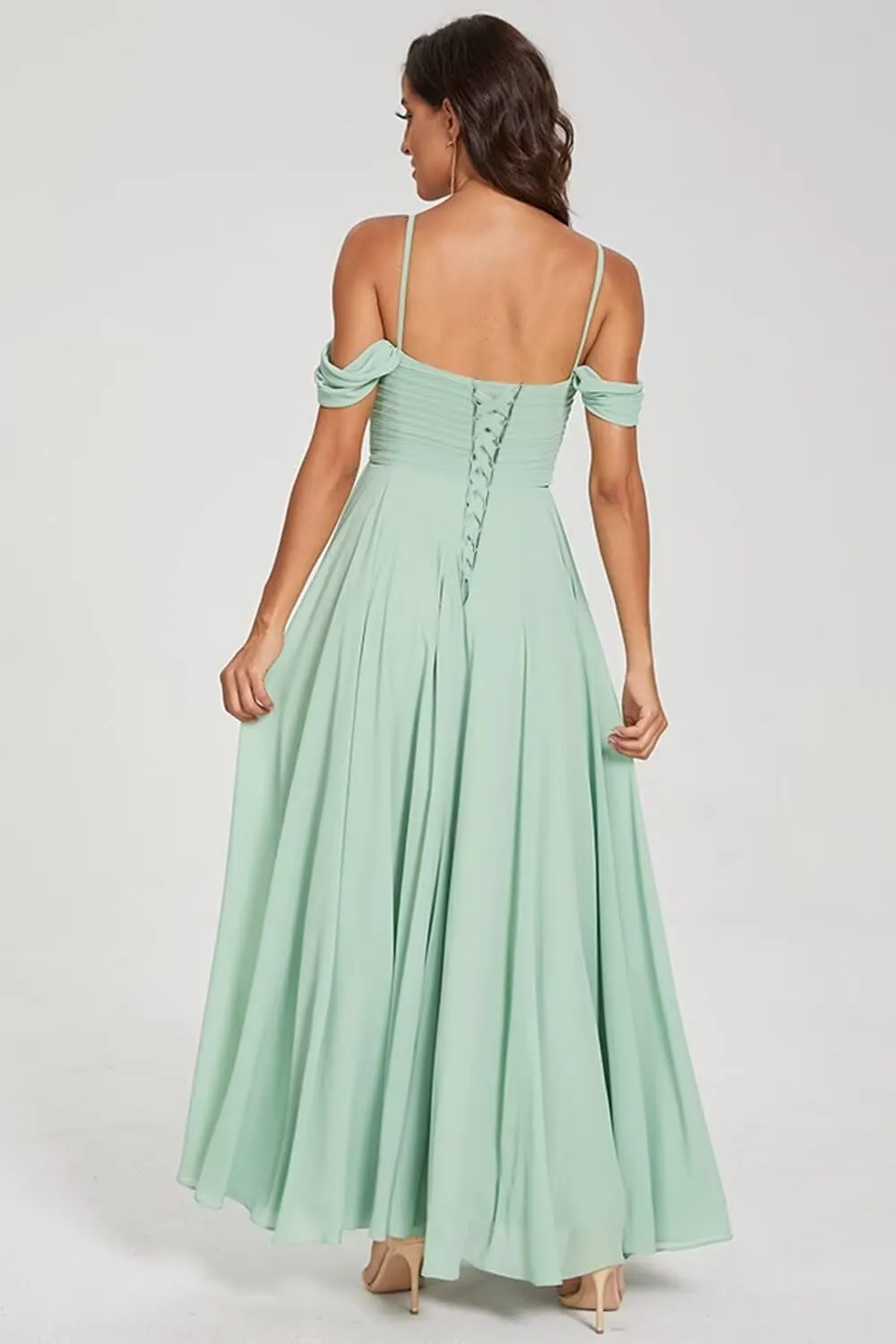 Spaghetti Straps Bridesmaid Dresses with Slit Off The Shoulder Pleated Chiffon Formal Evening Gowns for Women