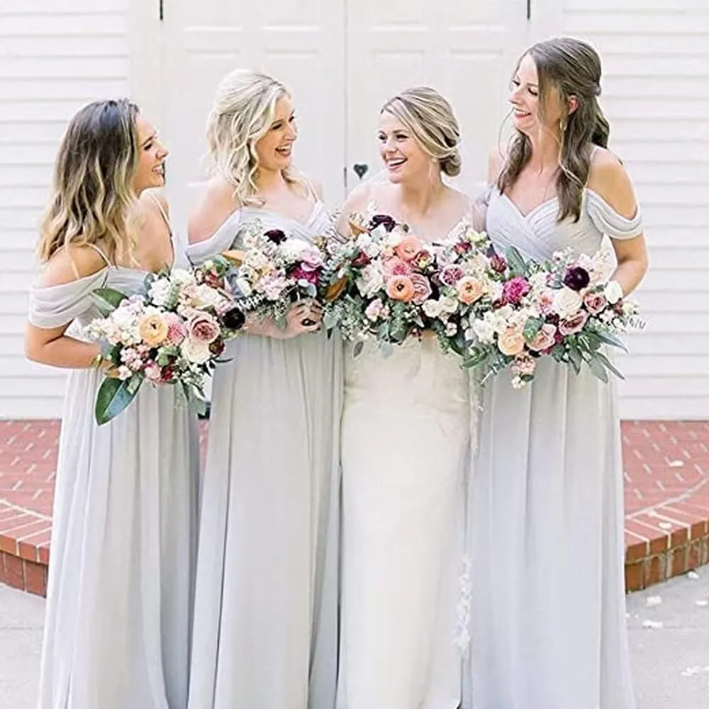 Spaghetti Straps Bridesmaid Dresses with Slit Off The Shoulder Pleated Chiffon Formal Evening Gowns for Women