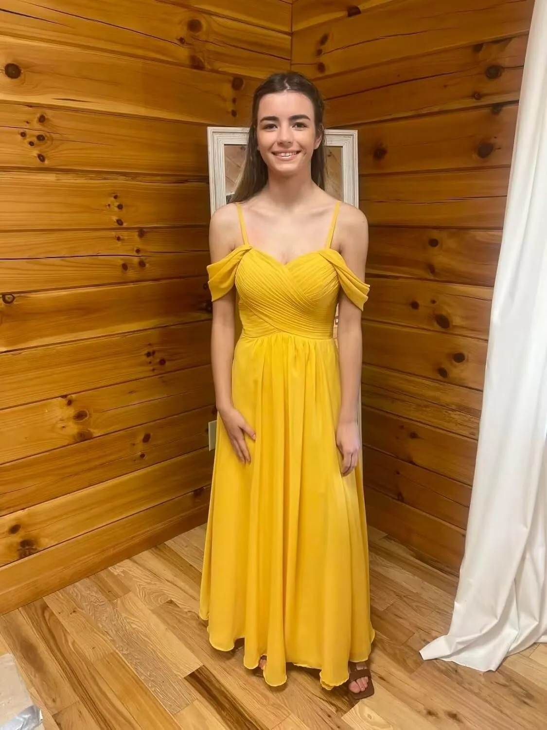 Spaghetti Straps Bridesmaid Dresses with Slit Off The Shoulder Pleated Chiffon Formal Evening Gowns for Women