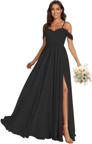 Spaghetti Straps Bridesmaid Dresses with Slit Off The Shoulder Pleated Chiffon Formal Evening Gowns for Women