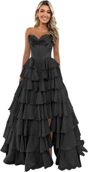 Strapless Prom Dresses for Women Corset Long Formal Dress with Slit Chiffon Tiered Evening Gown