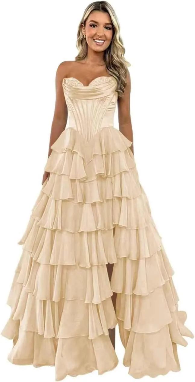 Strapless Prom Dresses for Women Corset Long Formal Dress with Slit Chiffon Tiered Evening Gown