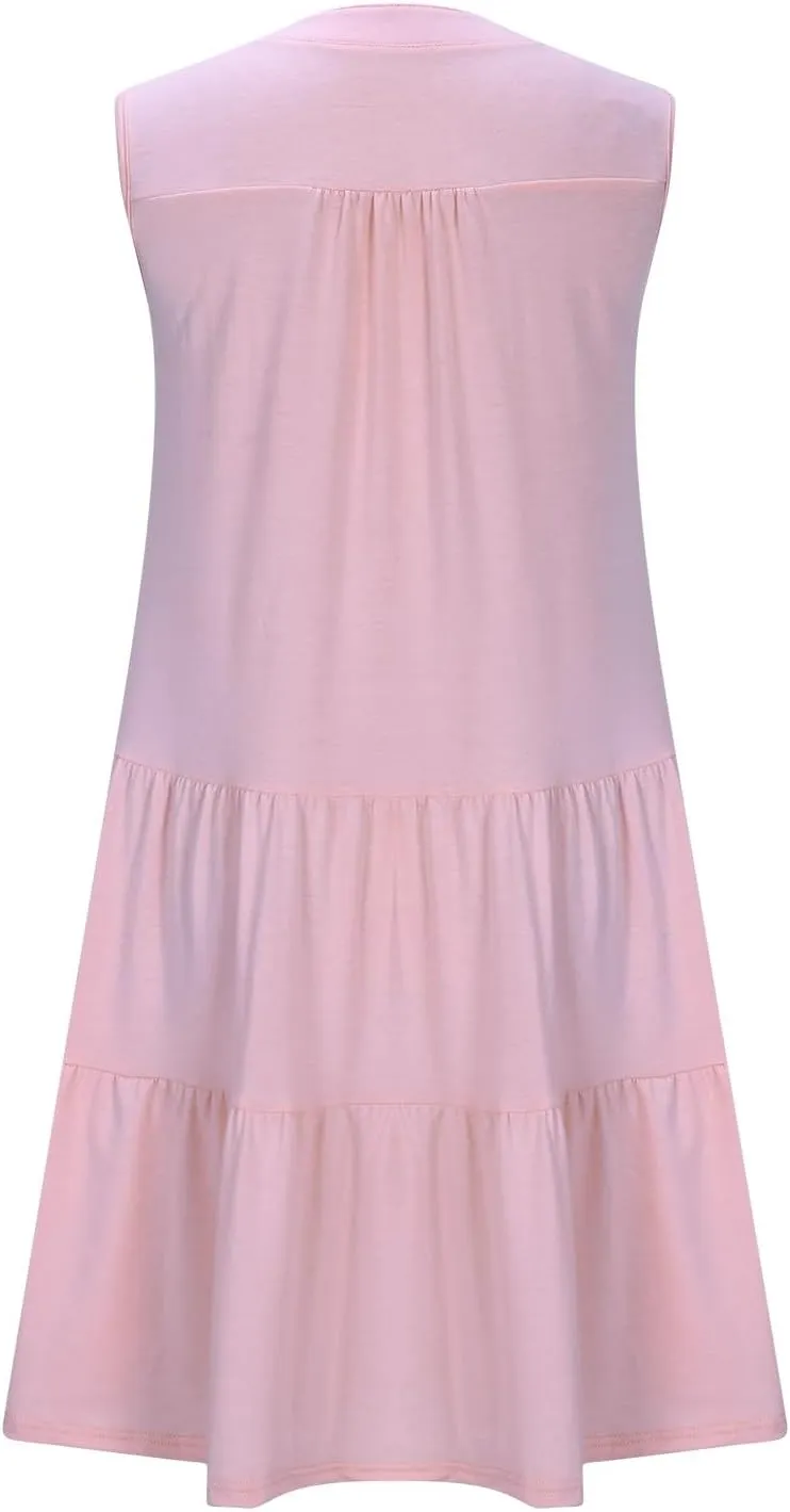 Summer Dresses for Women 2025 Casual Sleeveless Beach Dress Fashion Pleated Loose V-Neck Solid Color Sundress