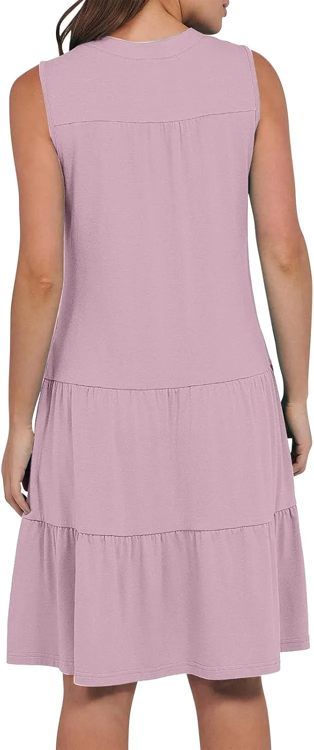 Summer Dresses for Women 2025 Casual Sleeveless Beach Dress Fashion Pleated Loose V-Neck Solid Color Sundress