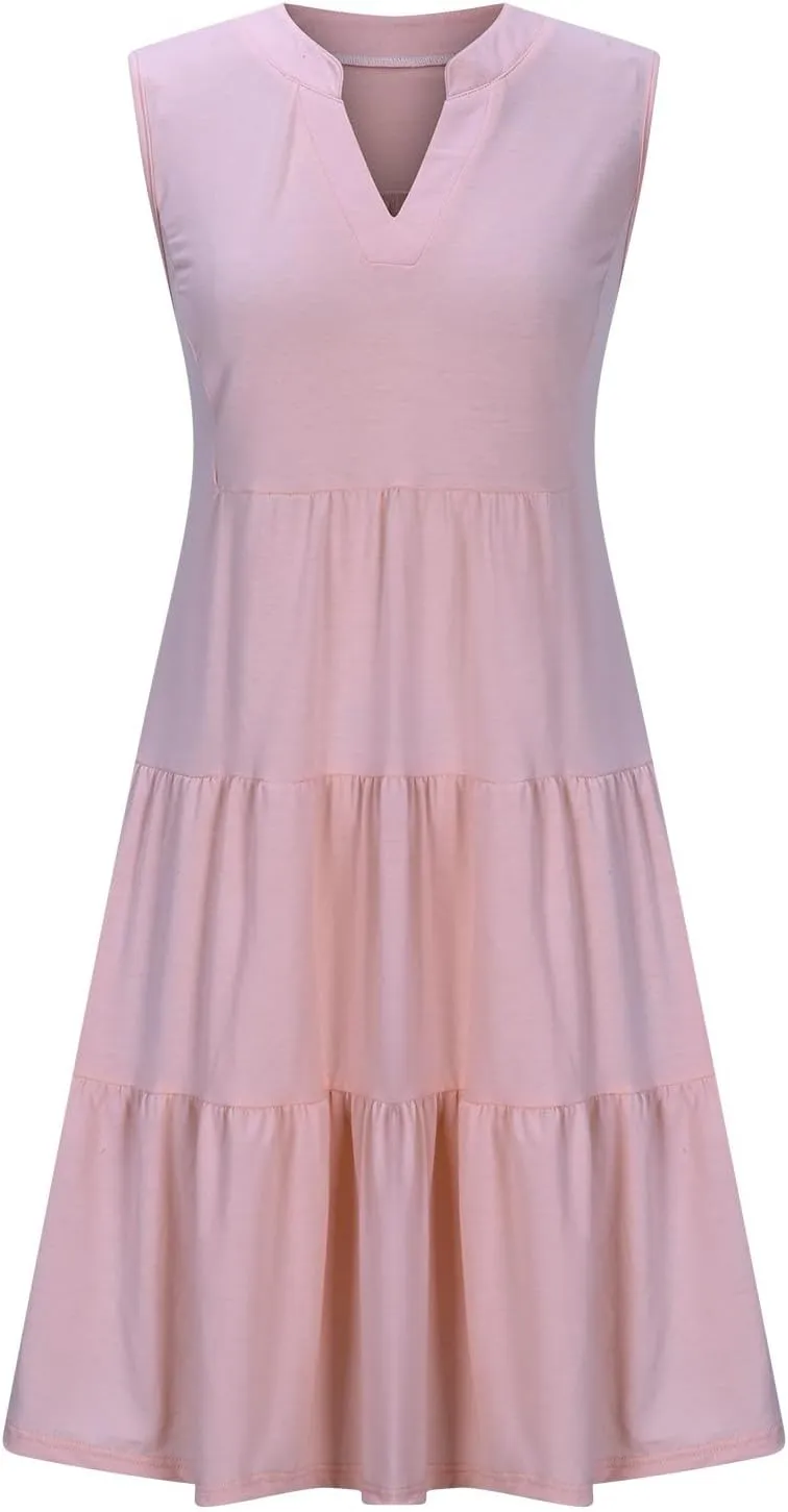 Summer Dresses for Women 2025 Casual Sleeveless Beach Dress Fashion Pleated Loose V-Neck Solid Color Sundress
