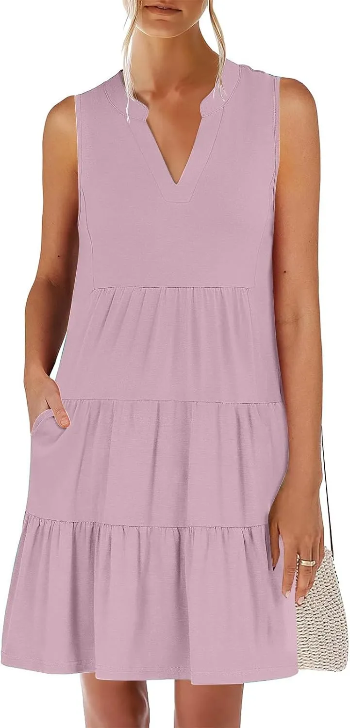 Summer Dresses for Women 2025 Casual Sleeveless Beach Dress Fashion Pleated Loose V-Neck Solid Color Sundress