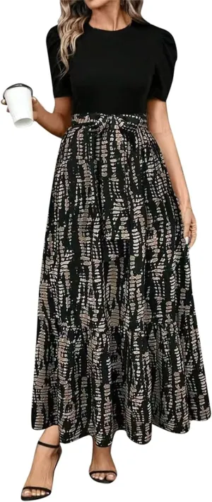 Summer Dresses for Women 2025 Maxi Puff Short Sleeve Casual Floral Dress with Belt Color Block Elegant Dresses