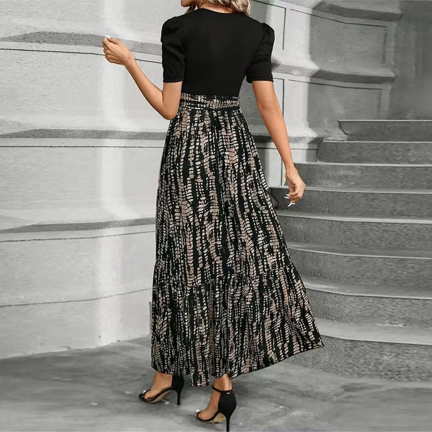 Summer Dresses for Women 2025 Maxi Puff Short Sleeve Casual Floral Dress with Belt Color Block Elegant Dresses