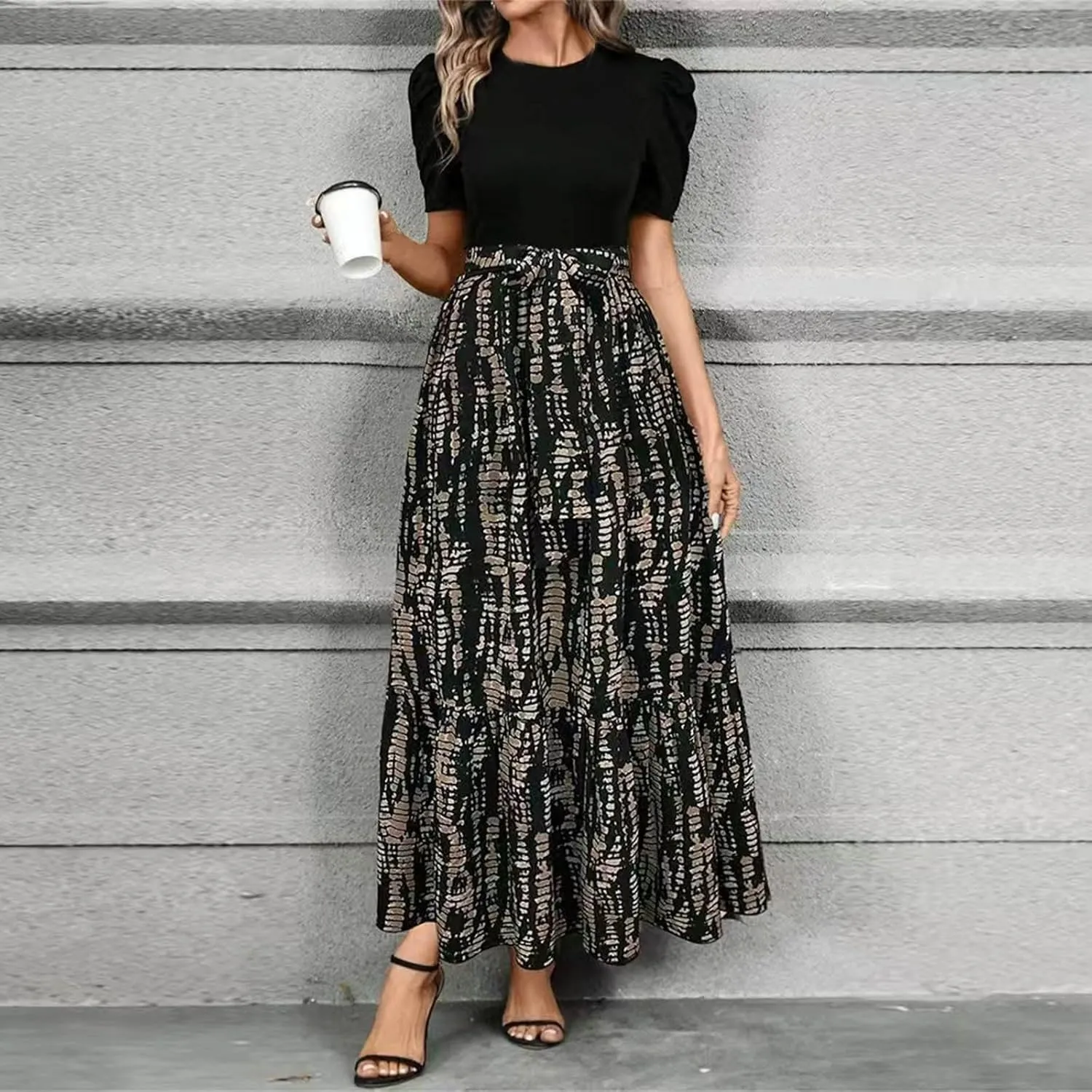 Summer Dresses for Women 2025 Maxi Puff Short Sleeve Casual Floral Dress with Belt Color Block Elegant Dresses