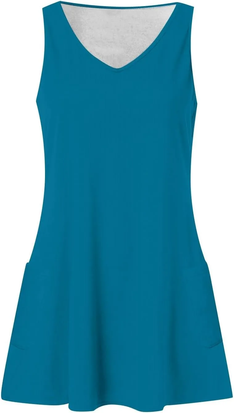 Summer Dresses for Women 2025 Vacation Casual V Neck Sleeveless Tank Sundress Boho Floral T Shirt Dress with Pockets