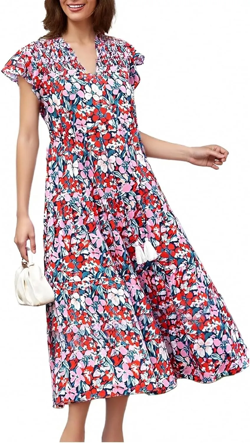 Summer Dresses for Women 2025 Vacation Midi V Neck Short Sleeve Tie Floral Dress Flowy Beach Sundress with Pockets