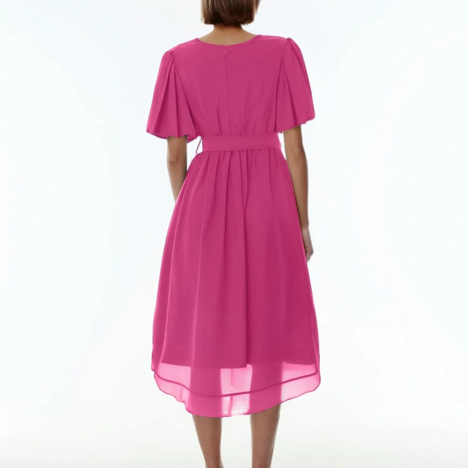 Summer Floral Dresses for Women 2025 Midi Chiffon Dresses Wedding Guest Dress V Neck Short Sleeve Tie Waist Ruffled Hem