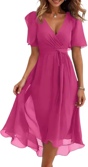Summer Floral Dresses for Women 2025 Midi Chiffon Dresses Wedding Guest Dress V Neck Short Sleeve Tie Waist Ruffled Hem