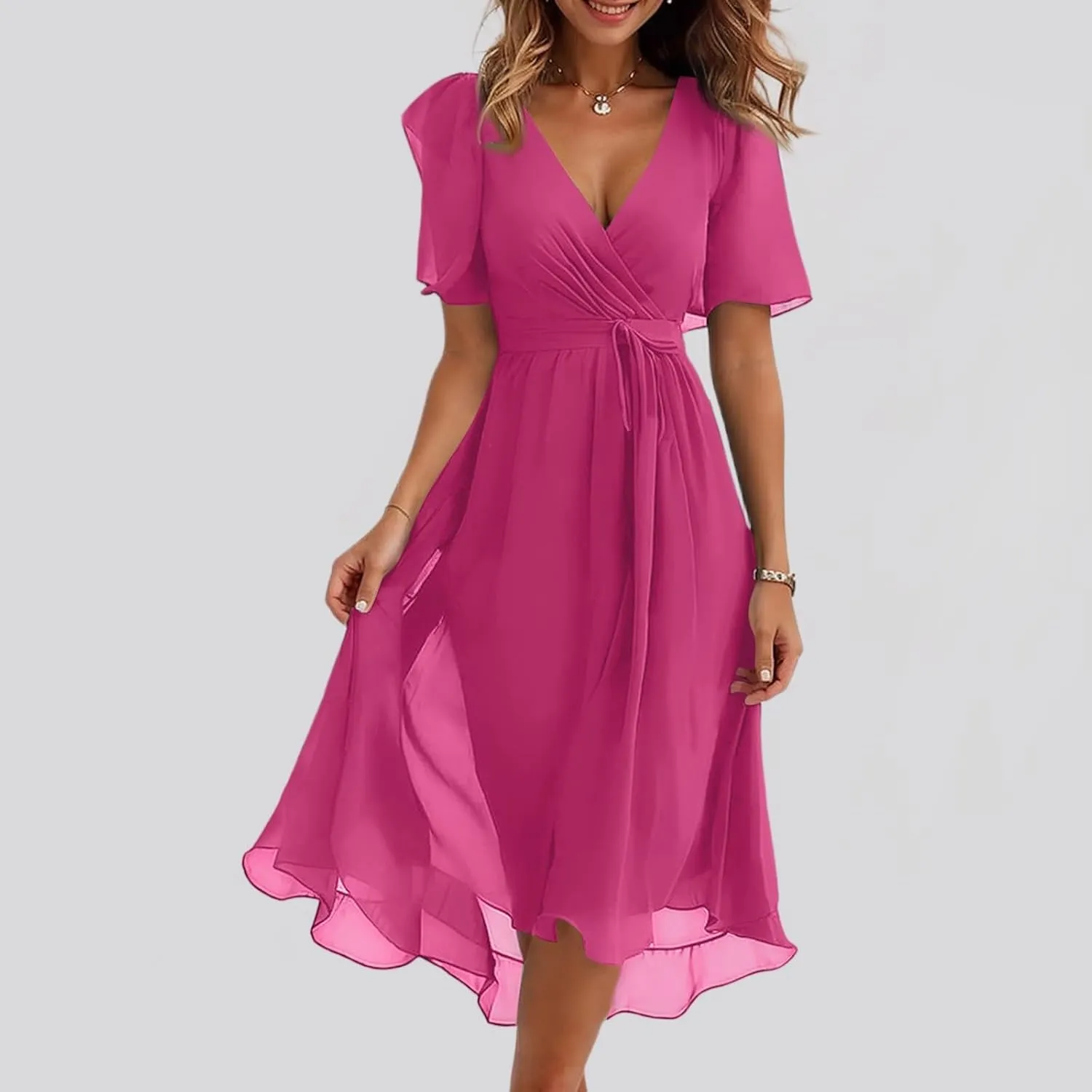 Summer Floral Dresses for Women 2025 Midi Chiffon Dresses Wedding Guest Dress V Neck Short Sleeve Tie Waist Ruffled Hem