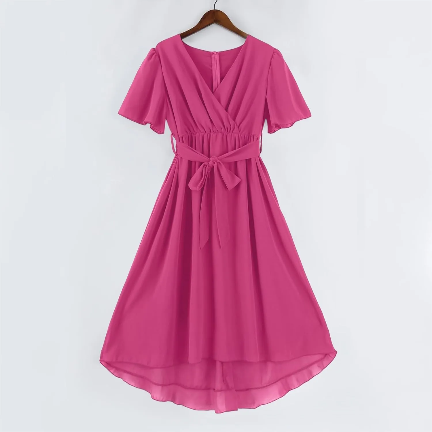 Summer Floral Dresses for Women 2025 Midi Chiffon Dresses Wedding Guest Dress V Neck Short Sleeve Tie Waist Ruffled Hem