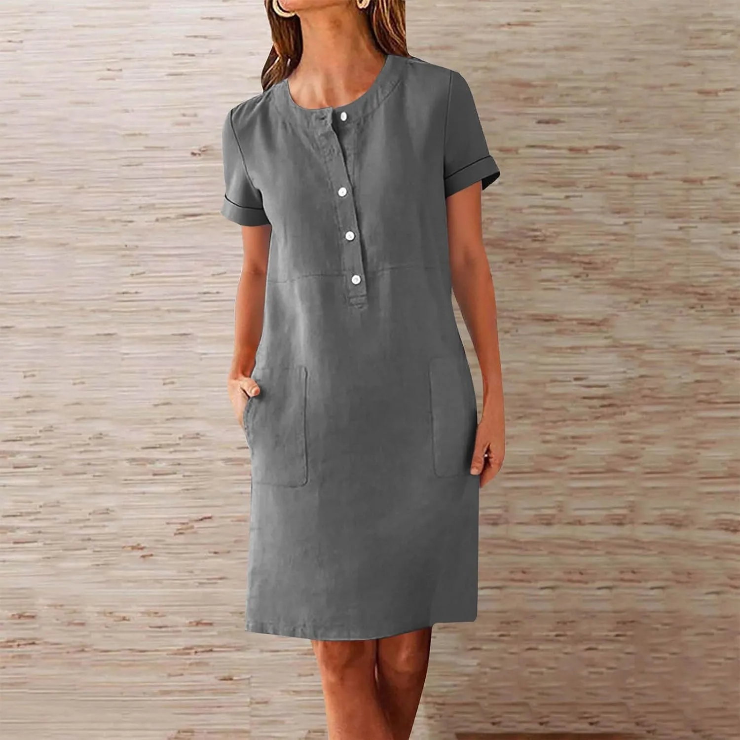 Summer Linen Mini Dress for Women Short Sleeve Shirt Dresses Button Crewneck Beach Vacation Sundress with Pockets