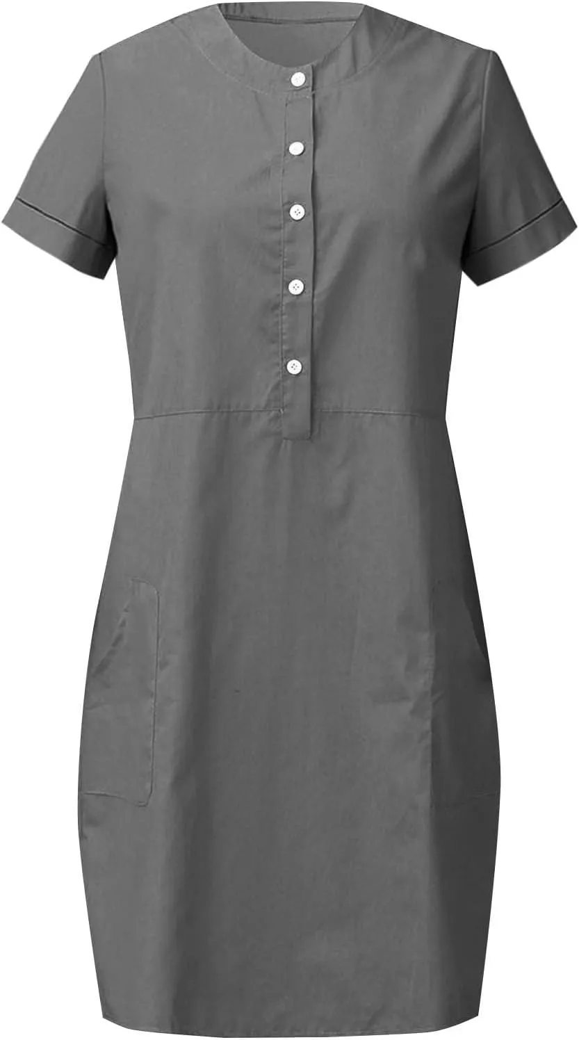 Summer Linen Mini Dress for Women Short Sleeve Shirt Dresses Button Crewneck Beach Vacation Sundress with Pockets