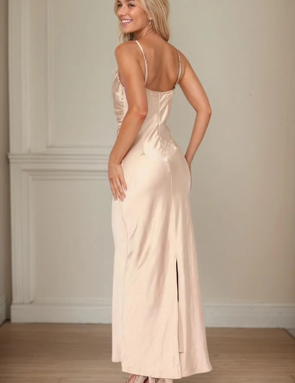 Summer Satin Maxi Dresses for Women 2025 Cowl Neck Ruched Silk Formal Wedding Guest Bridesmaid Slip Dress with Slit