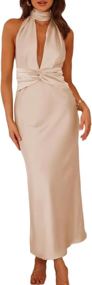 Summer Sexy Satin Backless Halter Maxi Dress for Women Elegant Sleeveless V Neck Twist Wedding Guest Dresses Cocktail