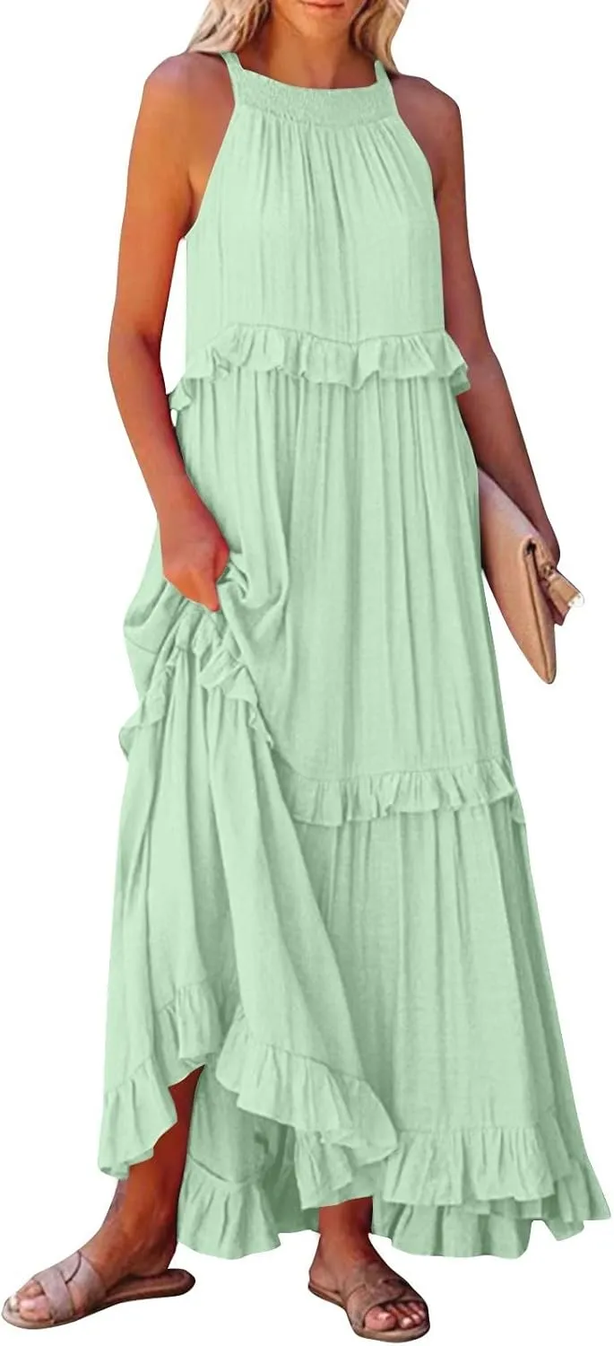 Sun Dresses for Women 2025 Vacation Halter Ruffle Tiered Flowy Maxi Dresses Beach Wedding Guest Dress with Pockets