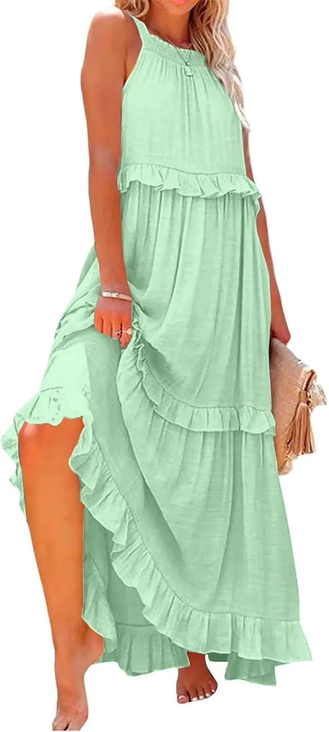 Sun Dresses for Women 2025 Vacation Halter Ruffle Tiered Flowy Maxi Dresses Beach Wedding Guest Dress with Pockets