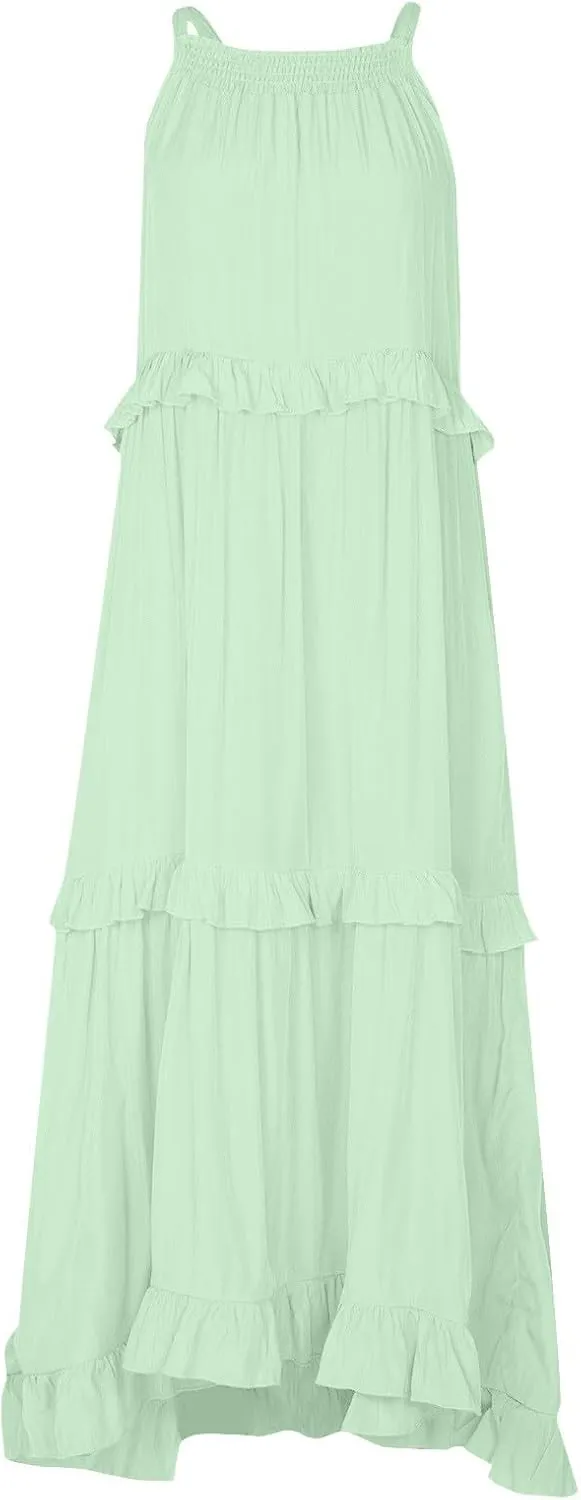 Sun Dresses for Women 2025 Vacation Halter Ruffle Tiered Flowy Maxi Dresses Beach Wedding Guest Dress with Pockets