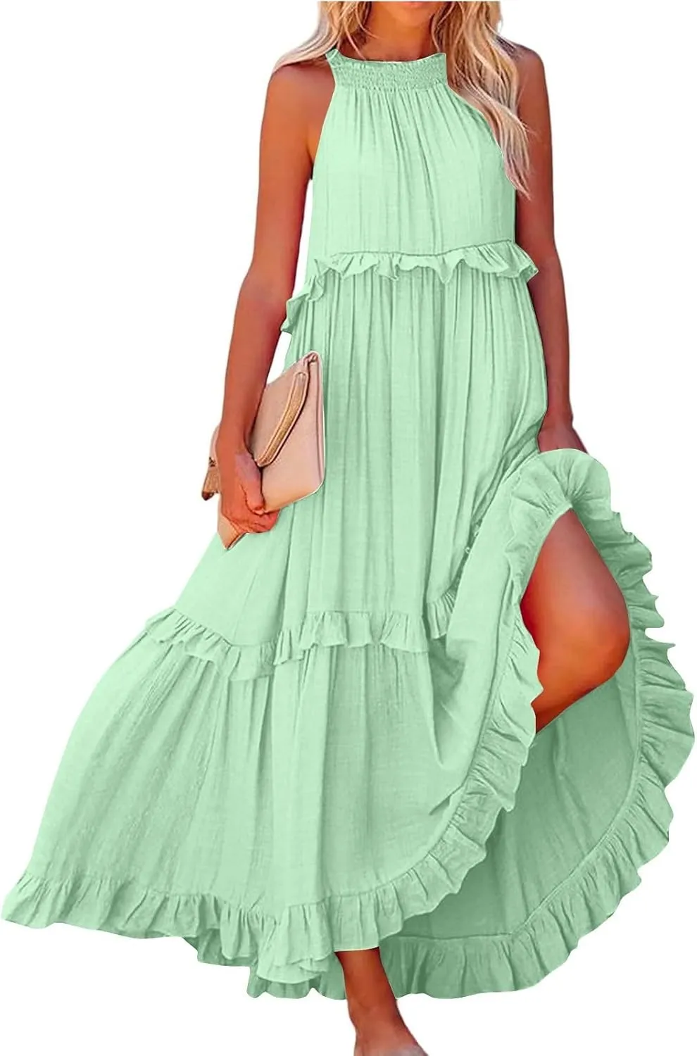 Sun Dresses for Women 2025 Vacation Halter Ruffle Tiered Flowy Maxi Dresses Beach Wedding Guest Dress with Pockets