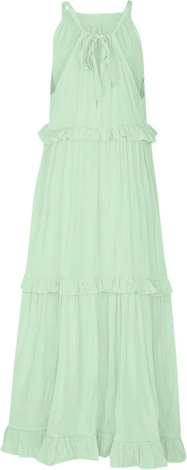 Sun Dresses for Women 2025 Vacation Halter Ruffle Tiered Flowy Maxi Dresses Beach Wedding Guest Dress with Pockets