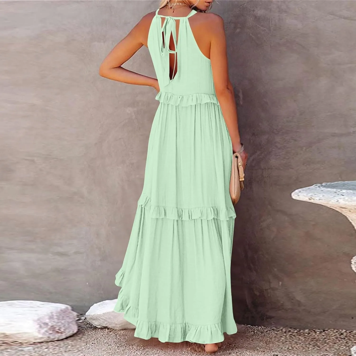 Sun Dresses for Women 2025 Vacation Halter Ruffle Tiered Flowy Maxi Dresses Beach Wedding Guest Dress with Pockets
