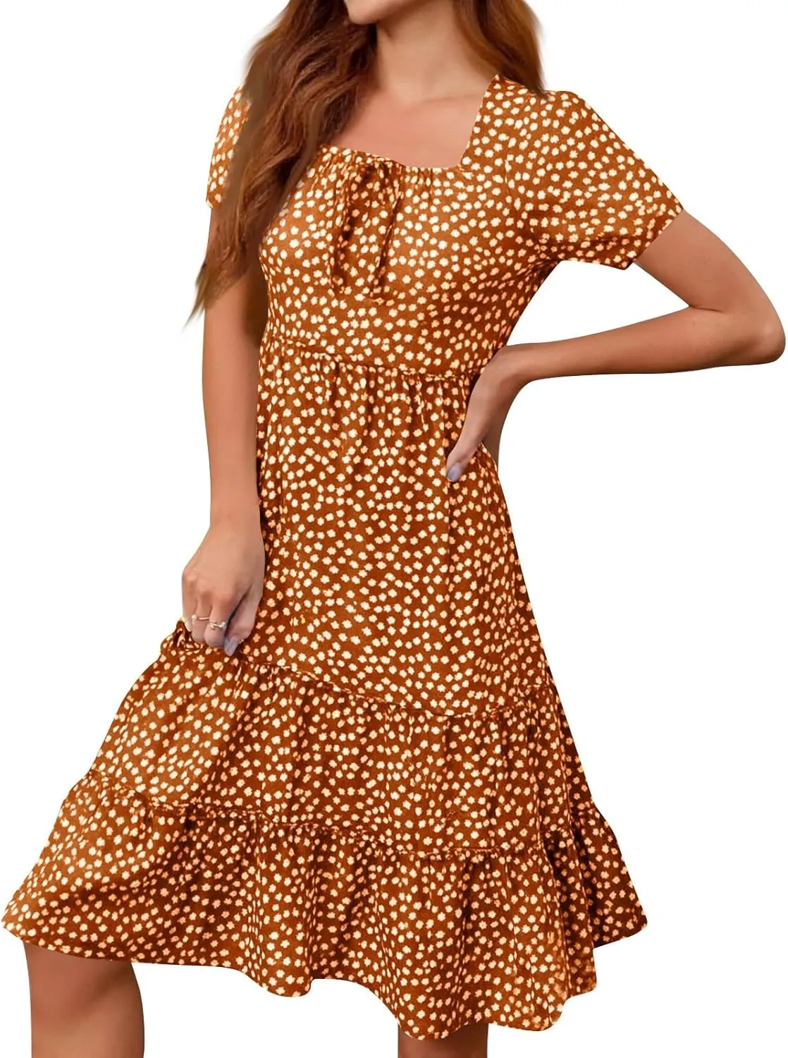 Sundresses for Women 2025 Casual Loose Trendy Short Sleeve Square Neck Floral Print Boho Beach Vacation Dress, S-2XL
