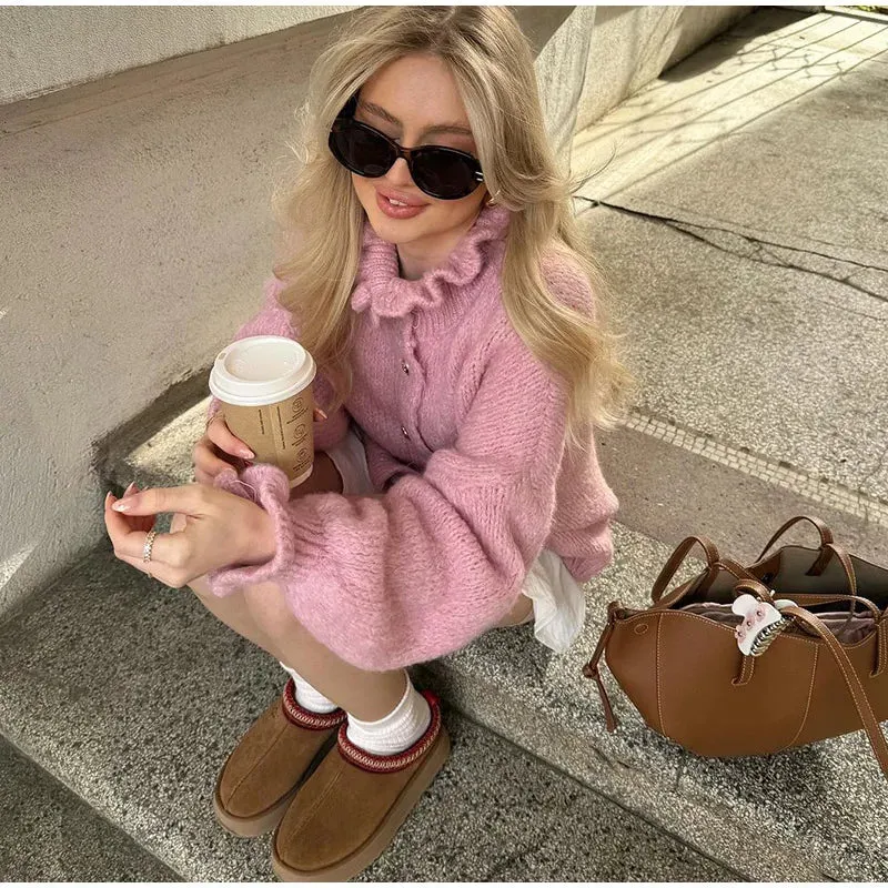 TAVIMART  -  Knitted Ruffle Collar Women's Cardigan Solid Color Single Breasted Long Sleeve Sweater Autumn New Fashion Short Sweaters Coat
