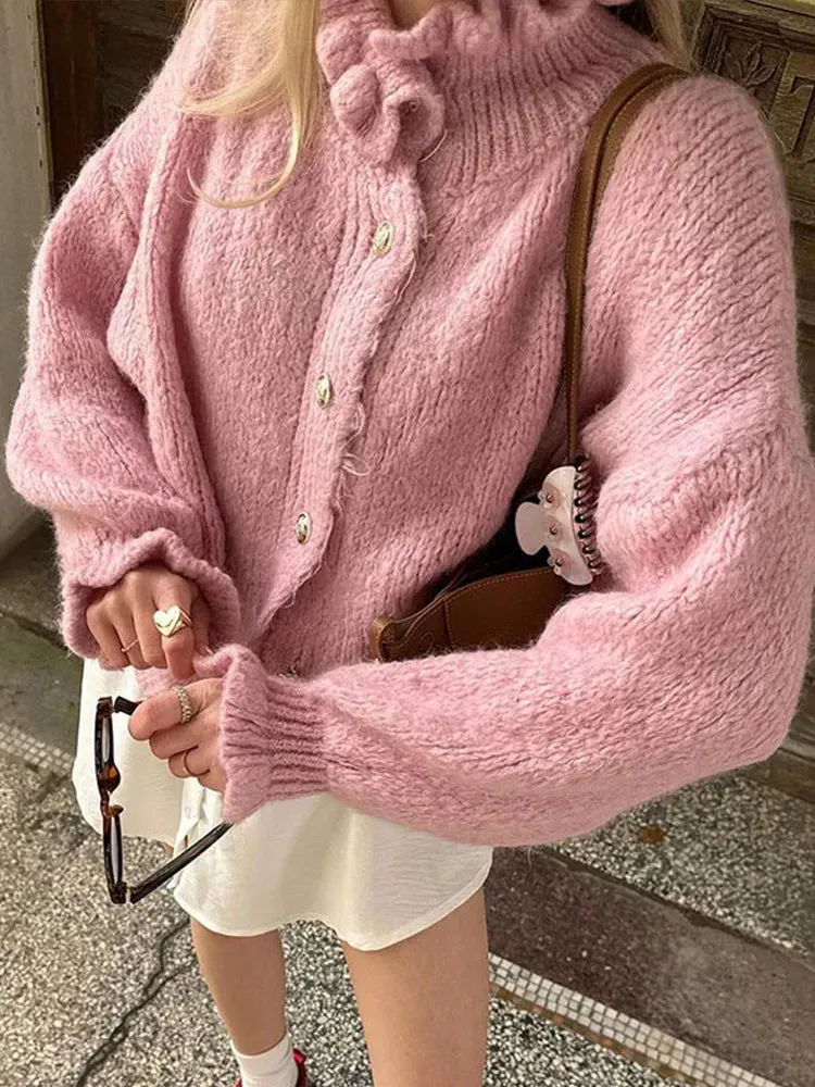 TAVIMART  -  Knitted Ruffle Collar Women's Cardigan Solid Color Single Breasted Long Sleeve Sweater Autumn New Fashion Short Sweaters Coat