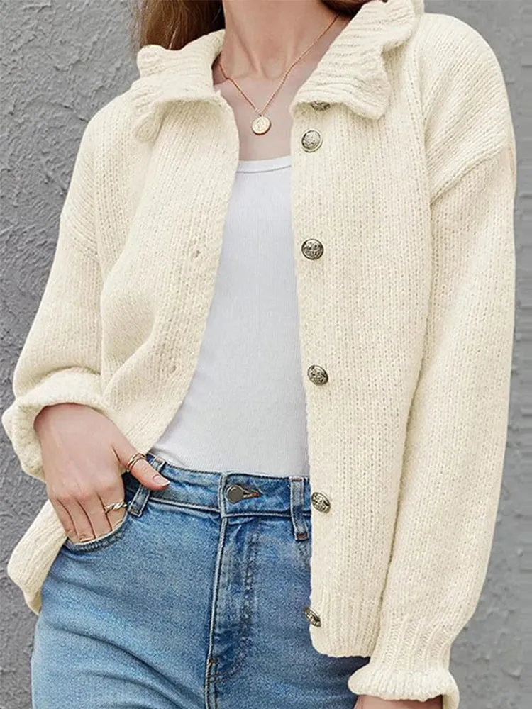 TAVIMART  -  Knitted Ruffle Collar Women's Cardigan Solid Color Single Breasted Long Sleeve Sweater Autumn New Fashion Short Sweaters Coat