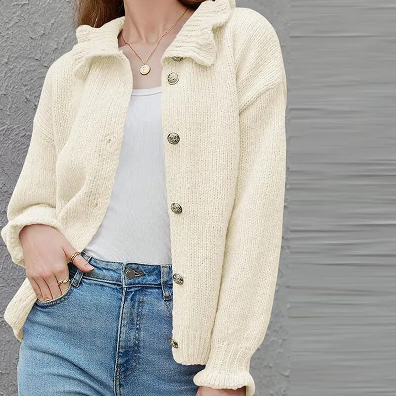 TAVIMART  -  Knitted Ruffle Collar Women's Cardigan Solid Color Single Breasted Long Sleeve Sweater Autumn New Fashion Short Sweaters Coat