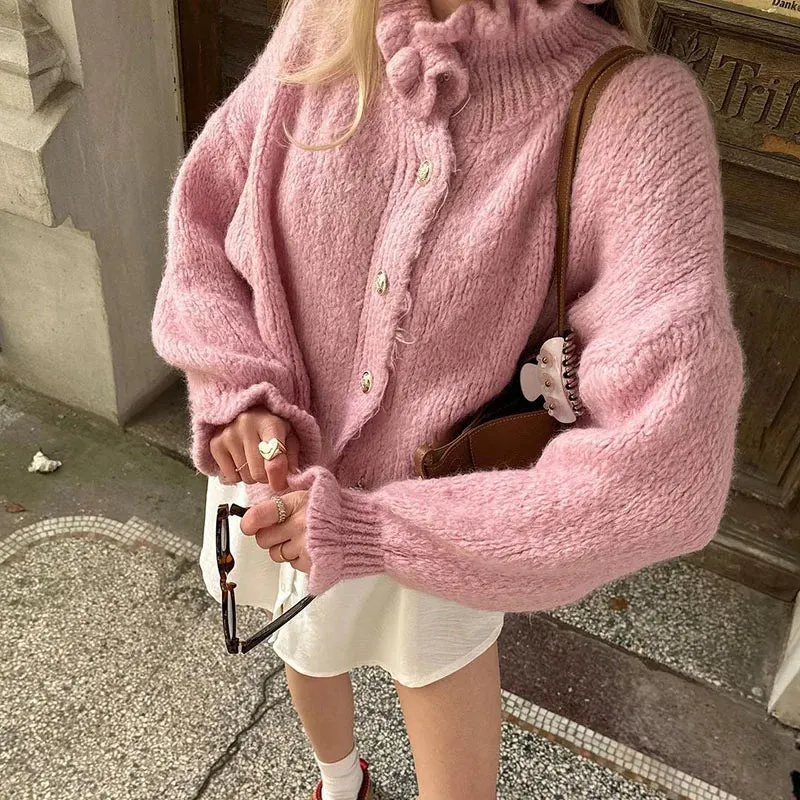 TAVIMART  -  Knitted Ruffle Collar Women's Cardigan Solid Color Single Breasted Long Sleeve Sweater Autumn New Fashion Short Sweaters Coat