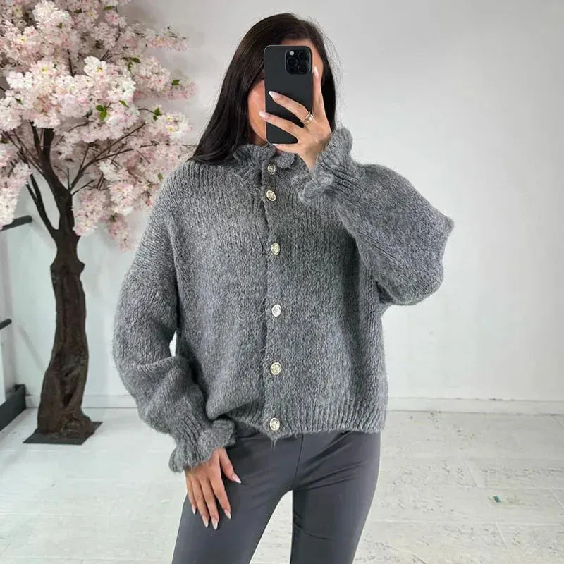 TAVIMART  -  Knitted Ruffle Collar Women's Cardigan Solid Color Single Breasted Long Sleeve Sweater Autumn New Fashion Short Sweaters Coat