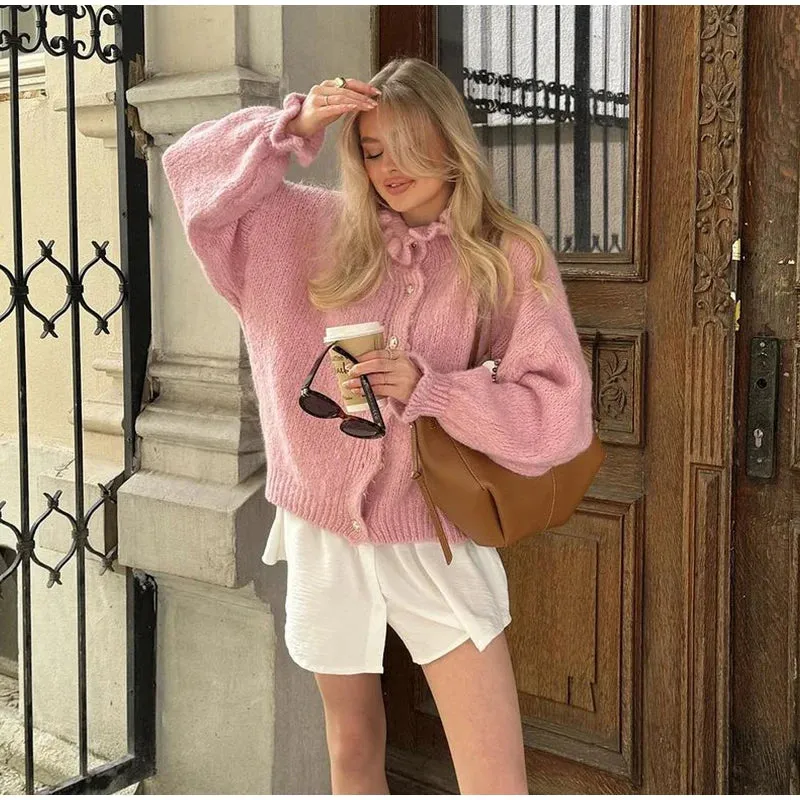 TAVIMART  -  Knitted Ruffle Collar Women's Cardigan Solid Color Single Breasted Long Sleeve Sweater Autumn New Fashion Short Sweaters Coat