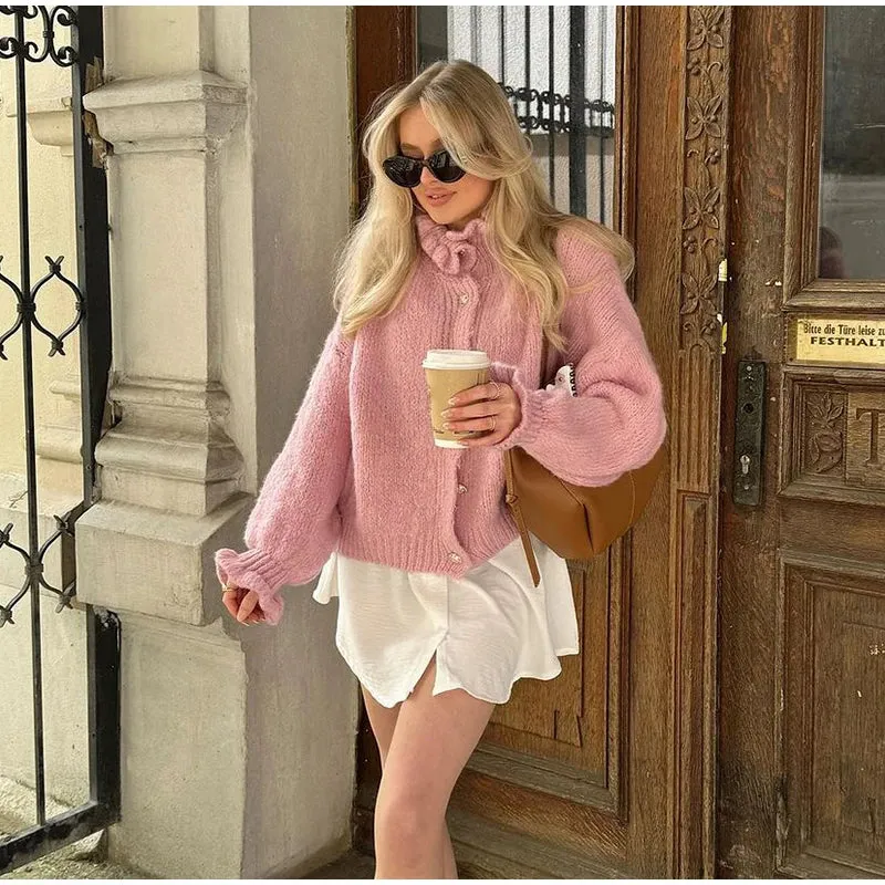 TAVIMART  -  Knitted Ruffle Collar Women's Cardigan Solid Color Single Breasted Long Sleeve Sweater Autumn New Fashion Short Sweaters Coat