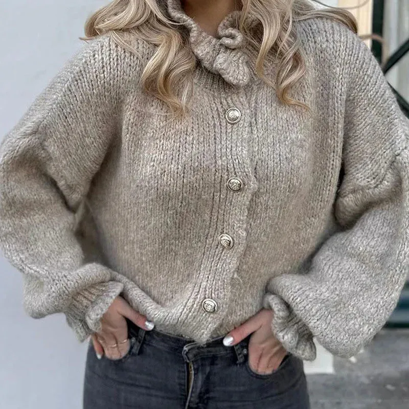 TAVIMART  -  Knitted Ruffle Collar Women's Cardigan Solid Color Single Breasted Long Sleeve Sweater Autumn New Fashion Short Sweaters Coat