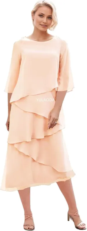 Tea Length Mother of The Bride Dresses for Women Long Sleeve Chiffon Formal Wedding Guest Dress