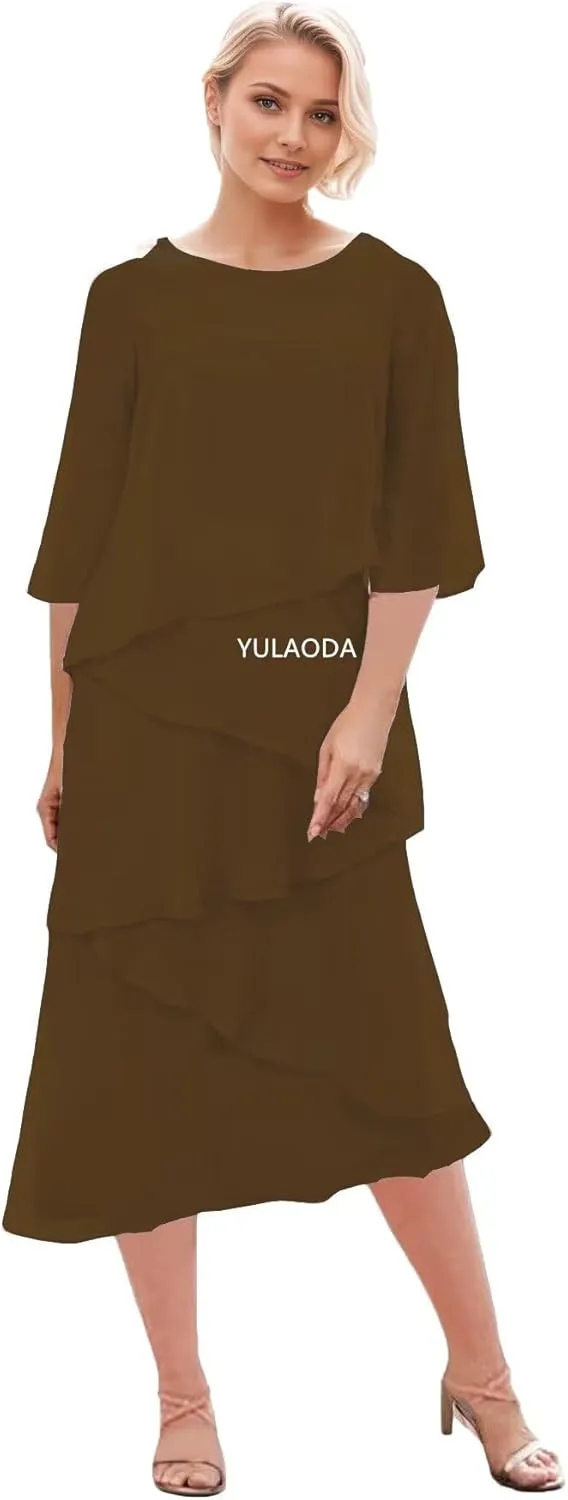 Tea Length Mother of The Bride Dresses for Women Long Sleeve Chiffon Formal Wedding Guest Dress