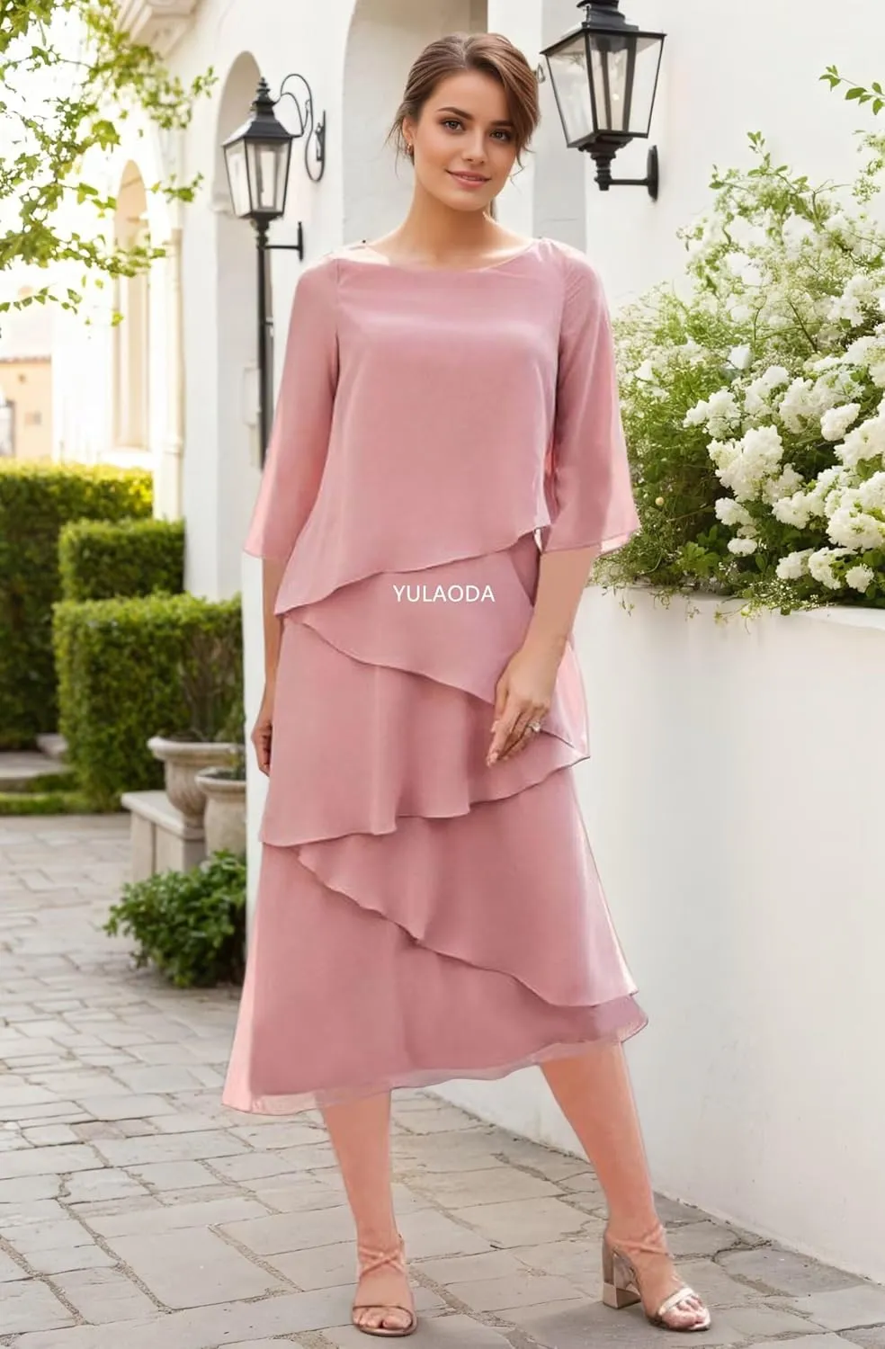 Tea Length Mother of The Bride Dresses for Women Long Sleeve Chiffon Formal Wedding Guest Dress