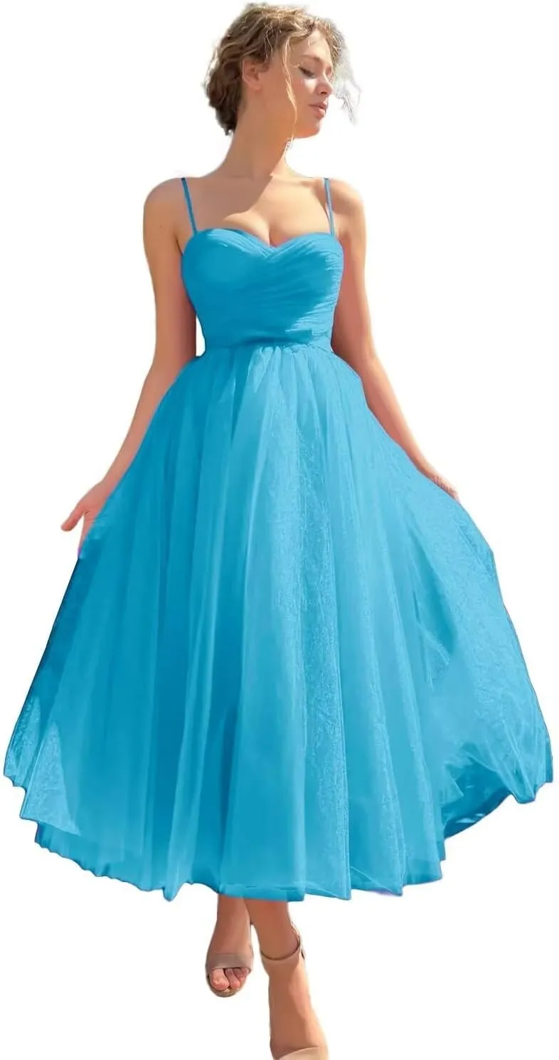 Tea Length Tulle Prom Dresses for Women 2025 A Line Midi Formal Party Gonws with Pockets PA372
