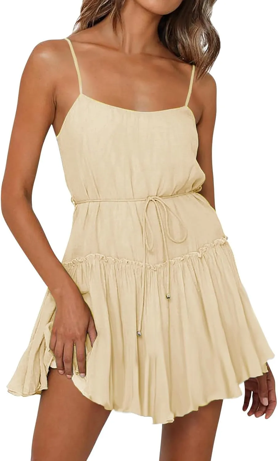 Trendy Summer Dresses for Women 2025 Fashion Solid Color Sexy Spaghetti Strap A-Line Pleated High Waisted Dress