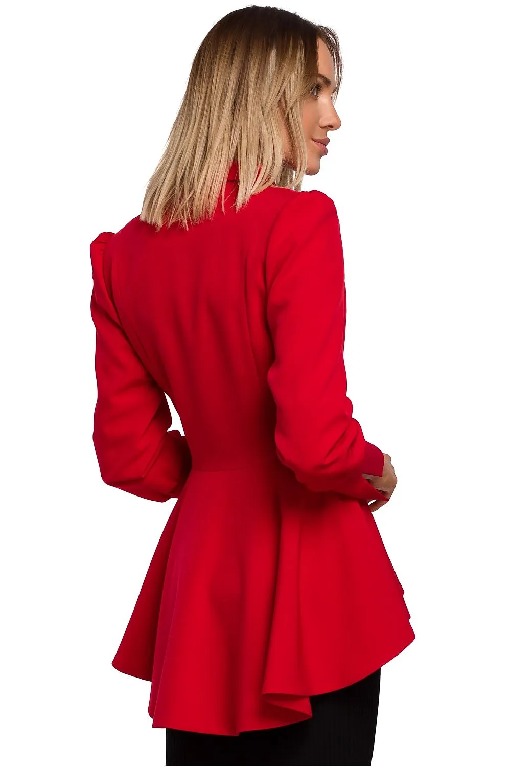 Unique tailcoat with a waist tie, wavy tail, and lined long sleeves with slits
