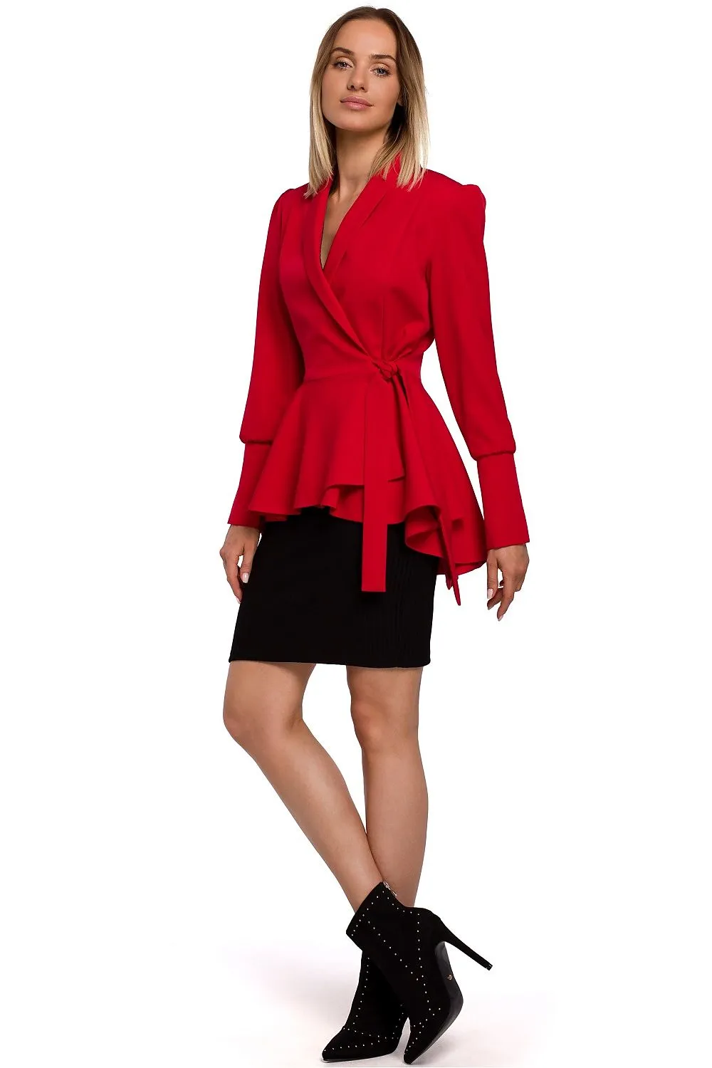 Unique tailcoat with a waist tie, wavy tail, and lined long sleeves with slits